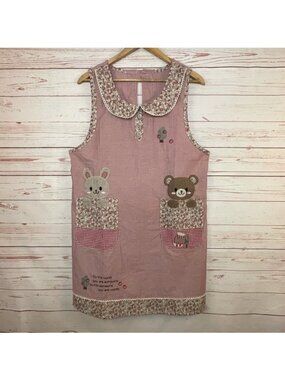 Fontana Pink Floral Bib Apron Bear & Rabbit Embroidered Details OS